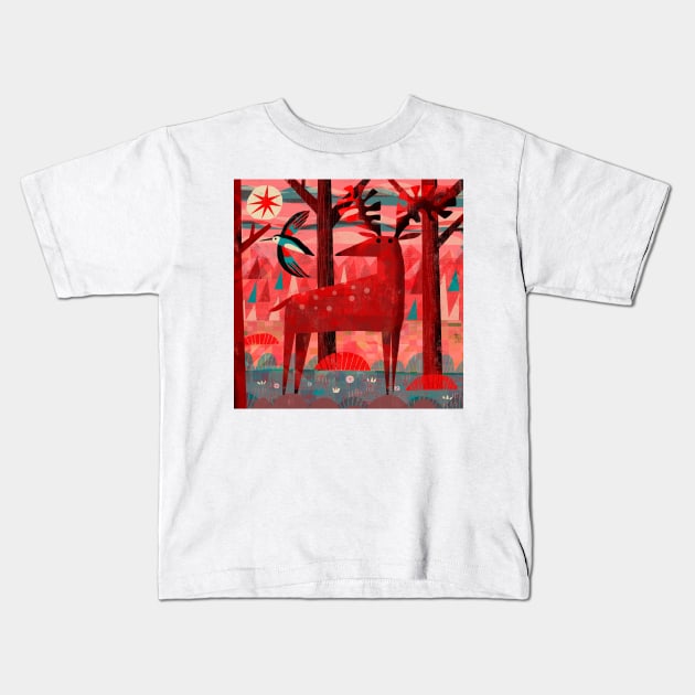 Woodpecker and Deer Kids T-Shirt by Gareth Lucas